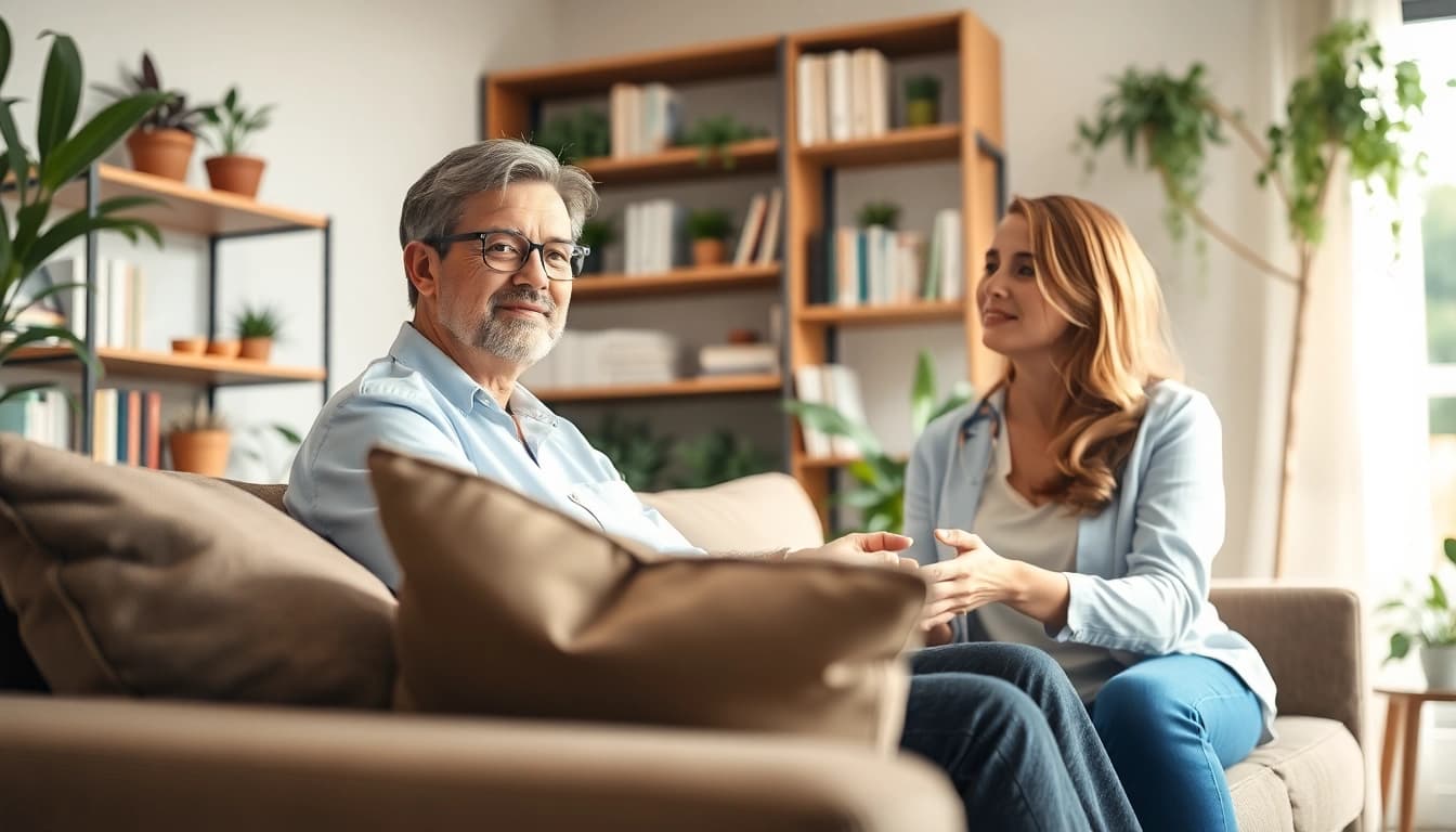 Engaging mental health tips for personal growth and wellness in a cozy therapy session.