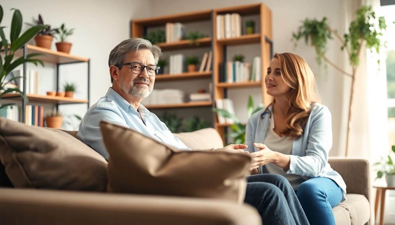 Engaging mental health tips for personal growth and wellness in a cozy therapy session.