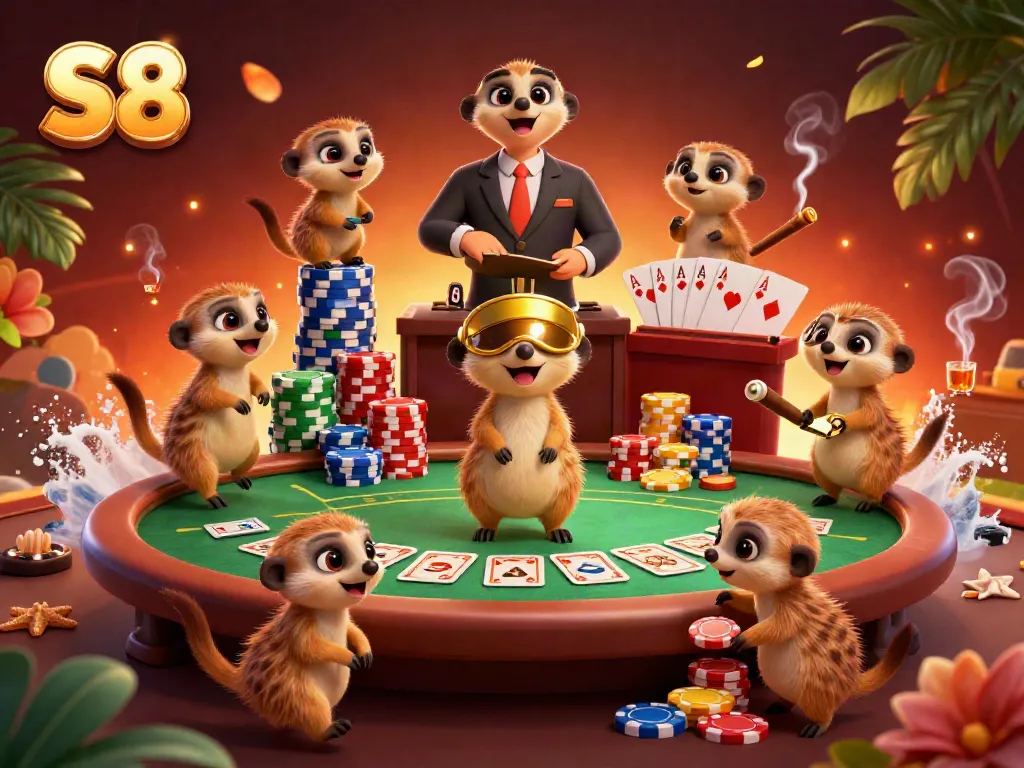 S8 casino scene with meerkats managing a vibrant gambling operation featuring poker tables and colorful chips.