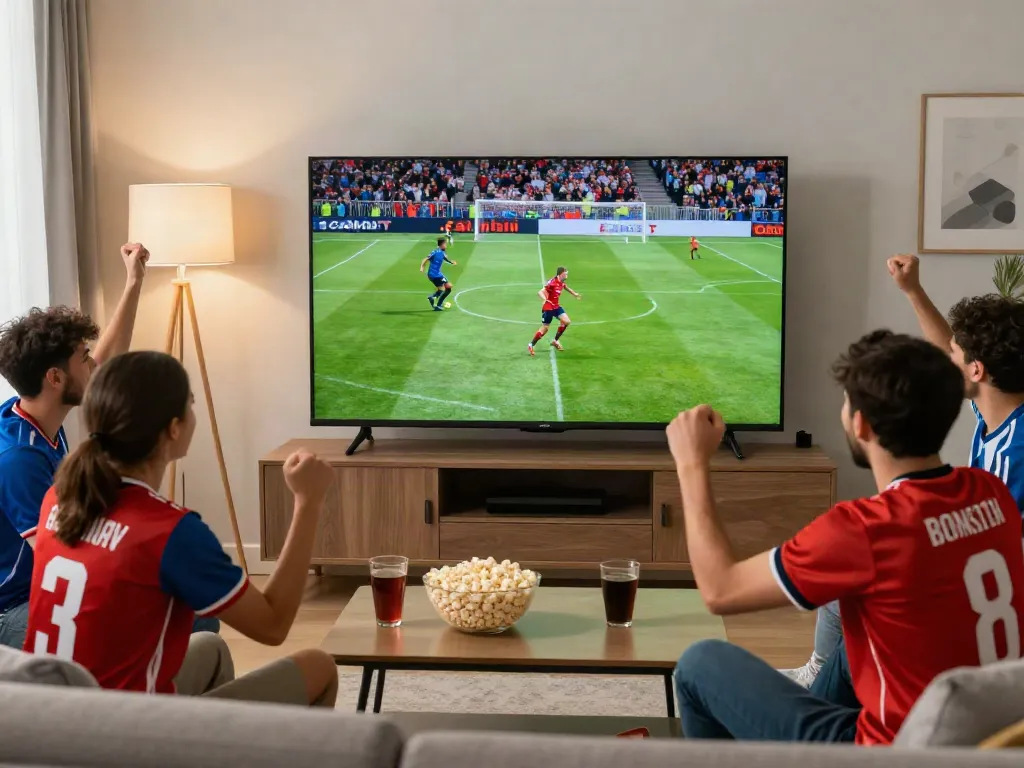 CakhiaTV viewing experience with friends celebrating a football match.