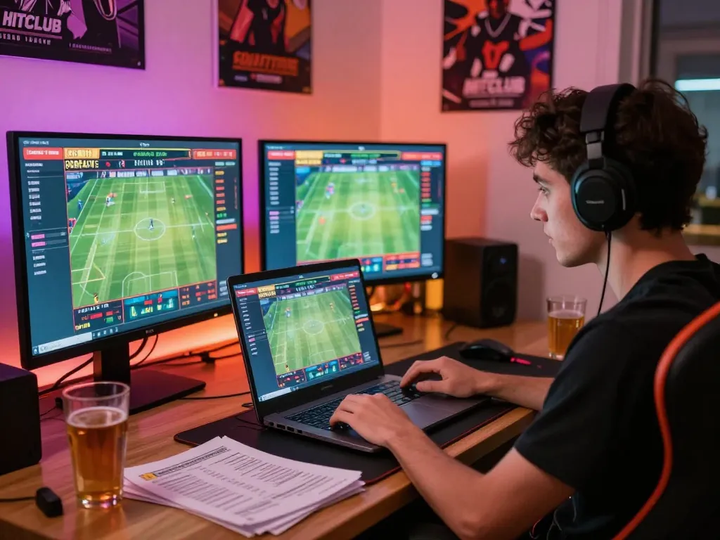Engaging in sports betting on HITCLUB with laptop, live odds, and exciting atmosphere.
