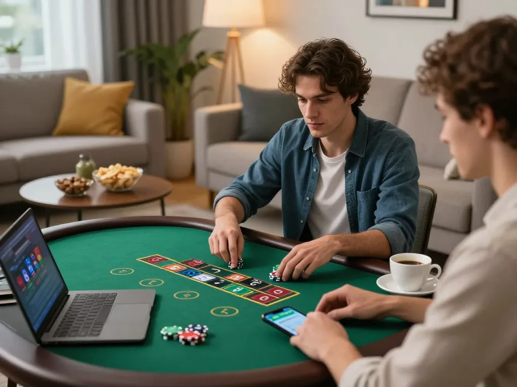 Player enjoying topbet3 blackjack in a cozy living room, showcasing strategic gameplay.