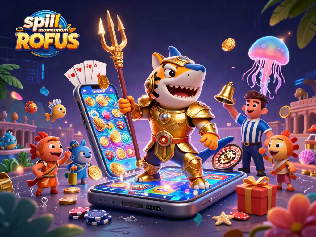 Engage with spil casino uden om ROFUS illustrated by a powerful tiger shark in an underwater arena amidst vibrant casino elements.