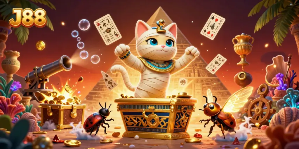 Experience thrilling gameplay like J88 with a vivid scene of a mummy cat, glowing scarab, and floating cards.