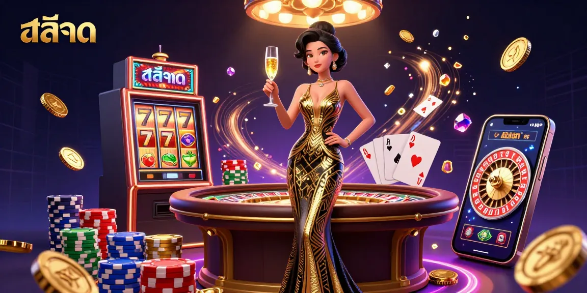 Spin the สล็อต reels with excitement, featuring vibrant casino elements and an elegant atmosphere.