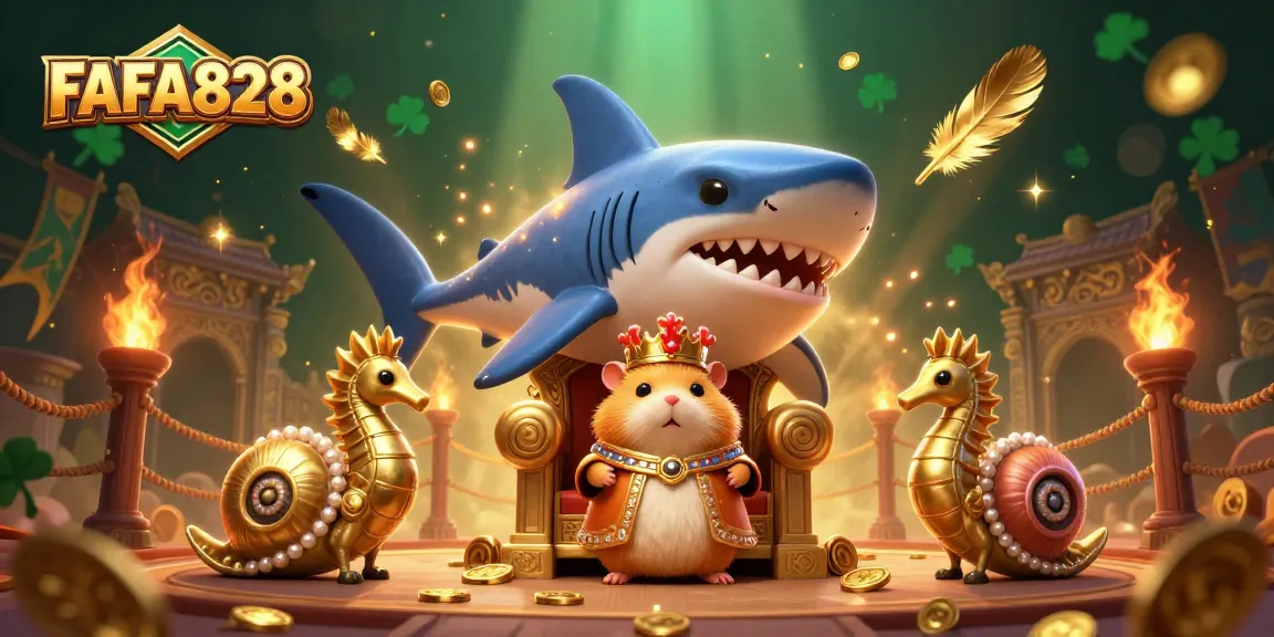 FAFA828 attracts players with a golden hamster king amidst a lively casino scene