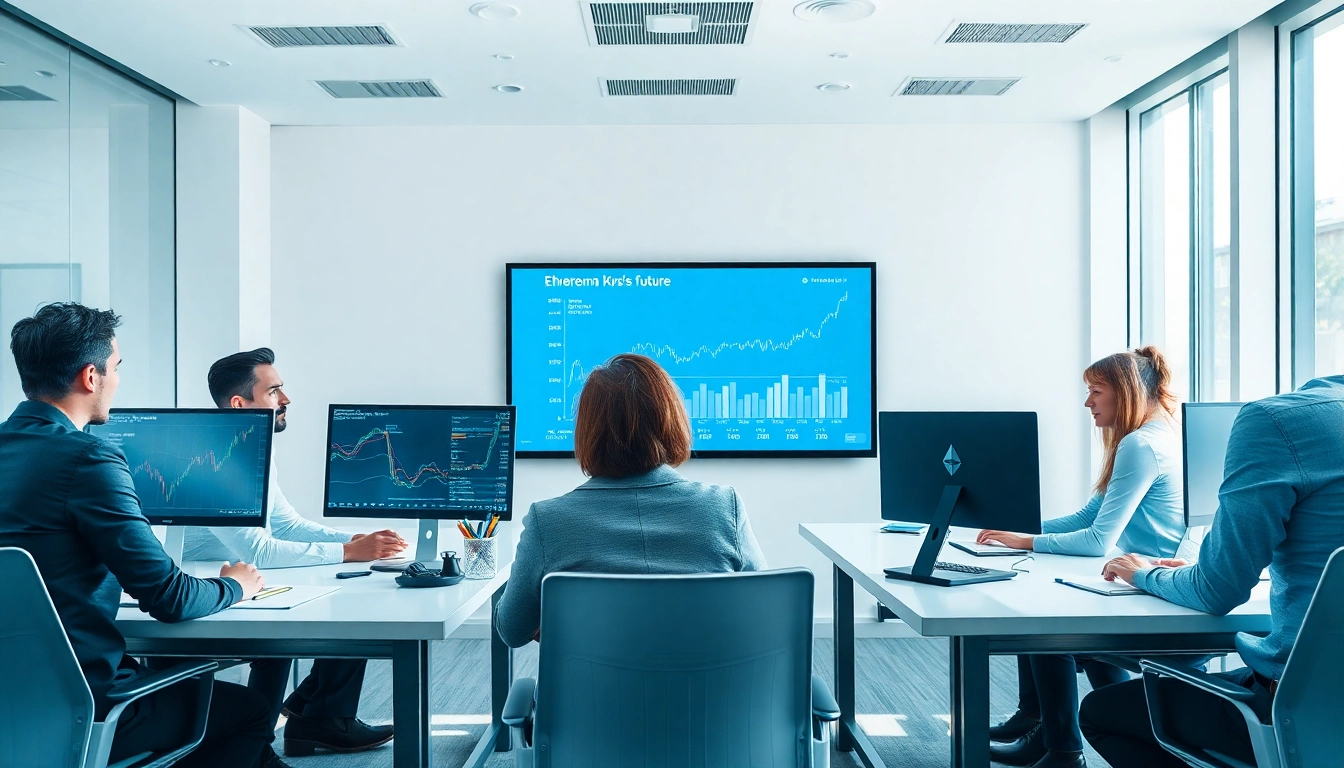 Assessment of Ethereum kurs framtid by financial analysts in a modern office setting.