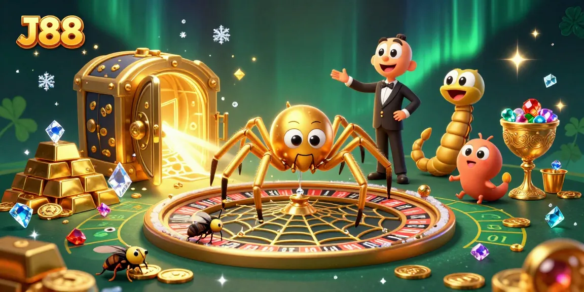 Engage with J88's thrilling casino adventure, featuring a golden spider and a dynamic roulette web.