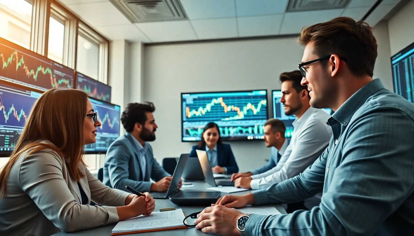 Kryptovaluta kurser displayed on screens in a modern finance office with professionals analyzing data.