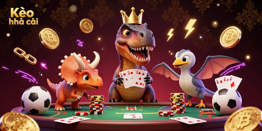 Kèo nhà cái illustrates a playful T-Rex shuffling cards in a sports betting scene with vibrant neon effects.