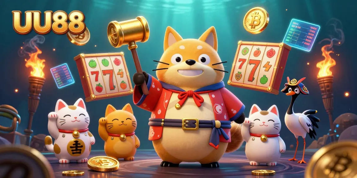 Engage in thrilling gameplay with UU88's lucky symbols and crypto elements in vibrant 3D art.