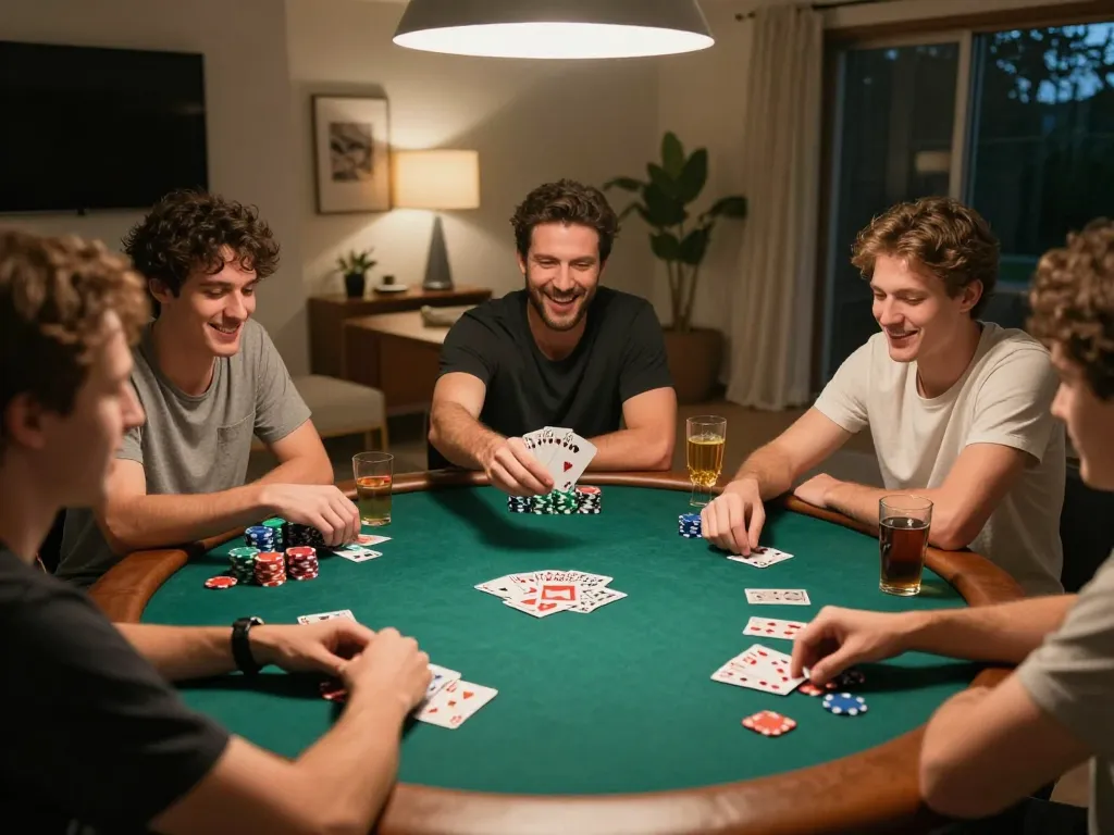 Action-packed home poker game scene featuring players engaging in hbet2 strategy, high-stakes excitement.