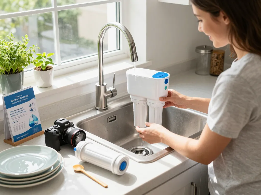 Husägare installerar ett Vattenfilter-system i ett ljust kök för renare dricksvatten.