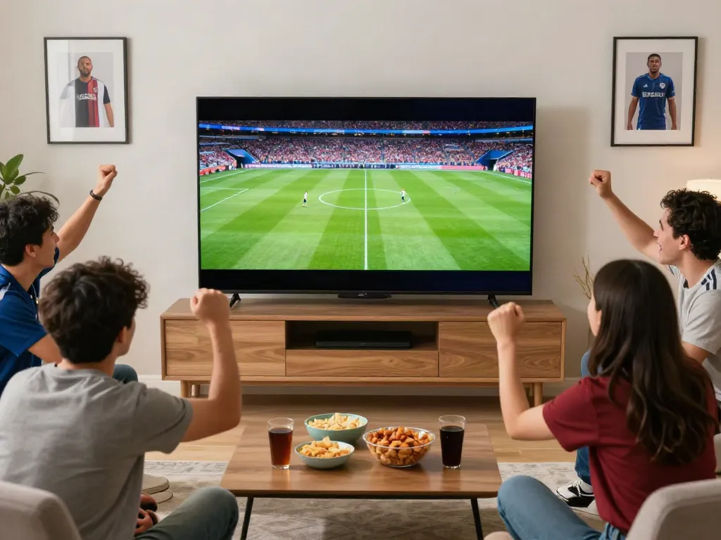 Fans enjoying a live football match on thapcamtv.ac in a vibrant living room.