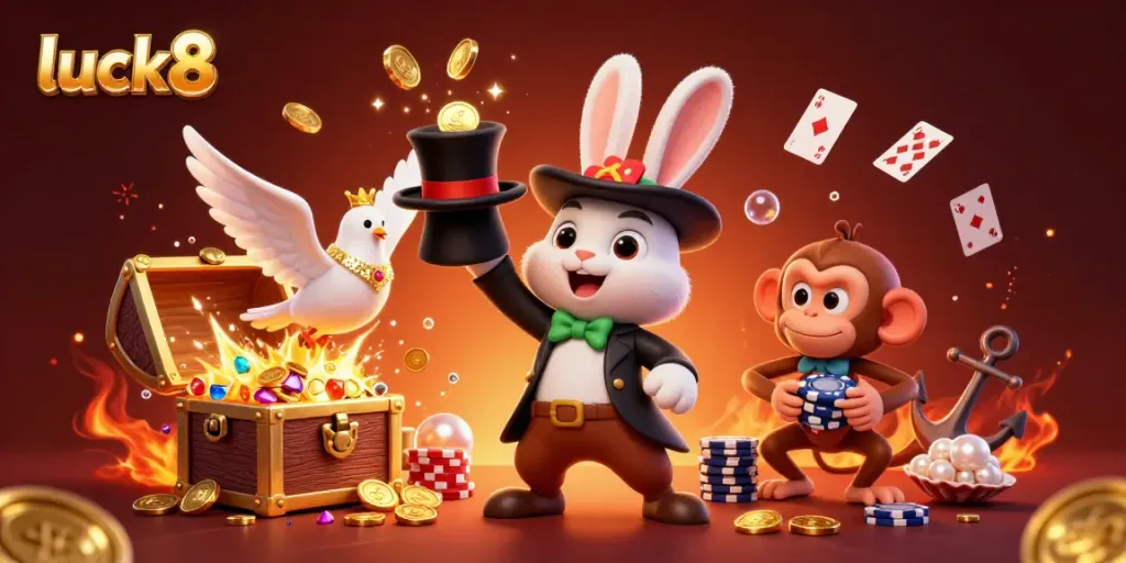 Experience luck8's vibrant gaming scene with a magician rabbit pulling coins, exciting casino elements, and playful characters.