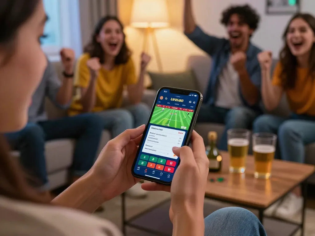 Engaging sports betting moment on smartphone, showcasing 789fclub betting interface among friends.