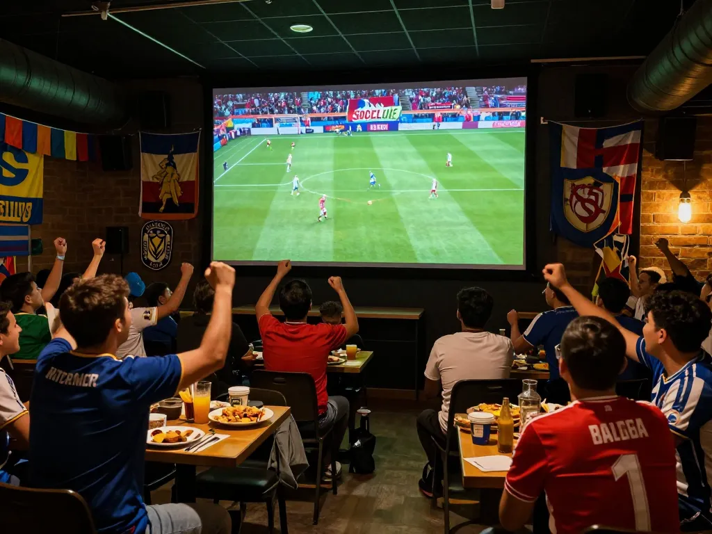 Socolive xem bong da in a lively sports viewing event, fans enjoying the match on large screens, festive atmosphere
