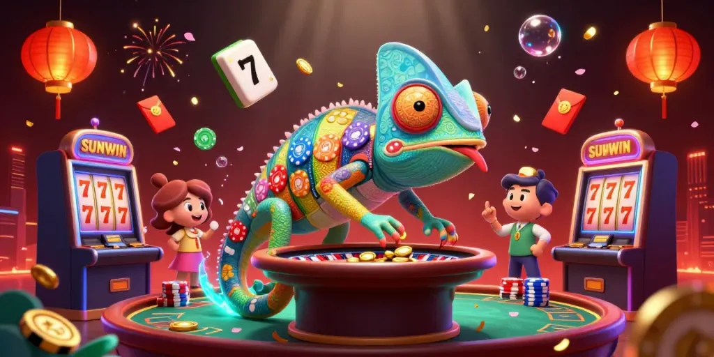 SUNWIN captivates players at a vibrant casino, showcasing colorful slots, poker elements, and a lively atmosphere.