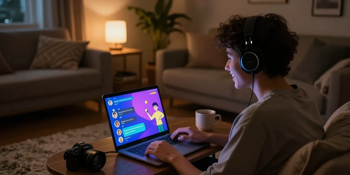 Engaging in a lifelike nsfw chat bot interaction in a cozy dimly-lit bedroom.