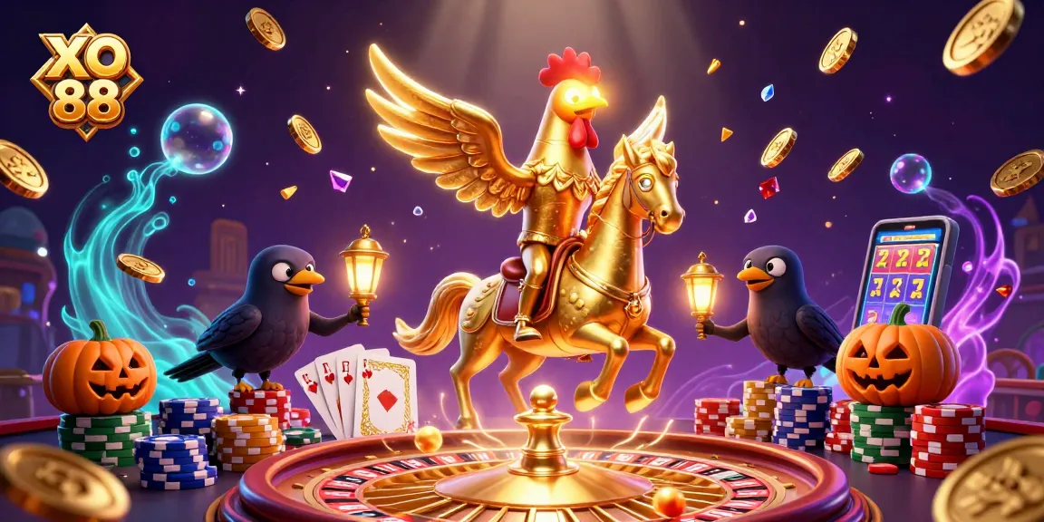 Experience winning at XO 88 in a magical casino with golden rooster and spectral horse.
