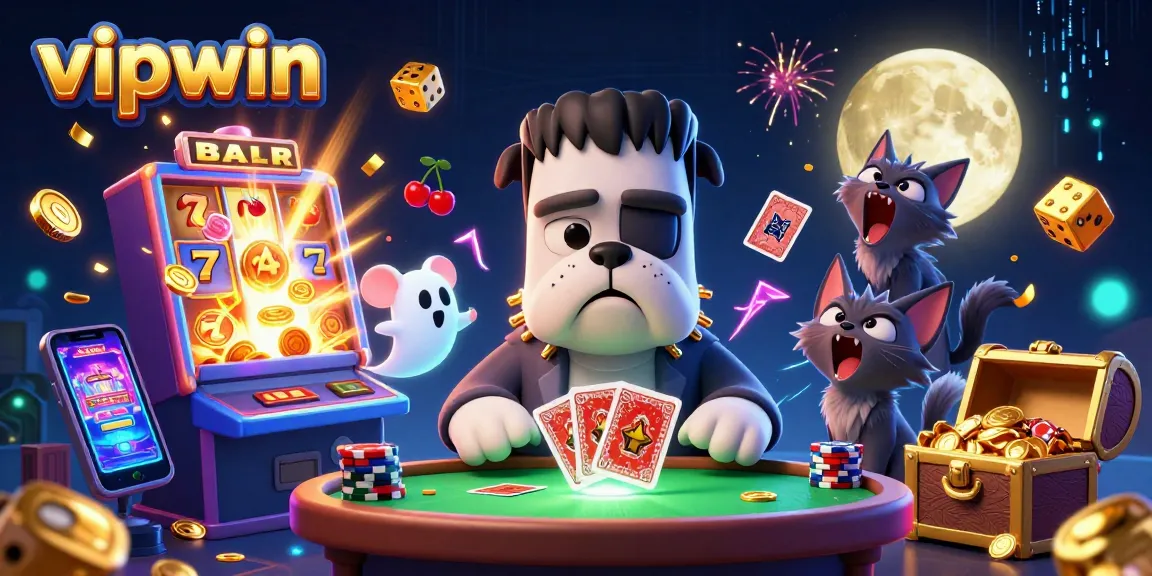 Experience the fun of vipwin with a glowing 3D casino illustration featuring vibrant characters and games.