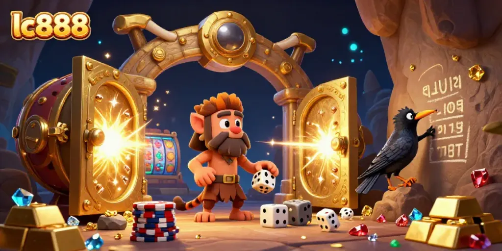 Experience the excitement of lc888 with caveman and sabertooth tiger running a vibrant casino surrounded by treasures.