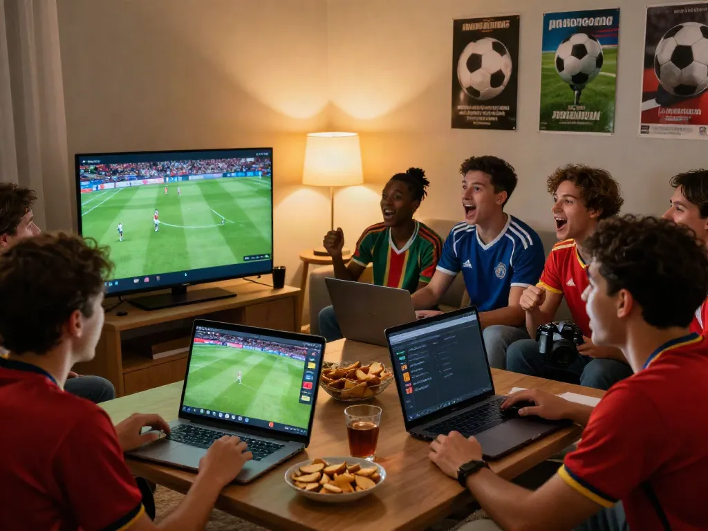 Fans watching live football on cakhiatvvn.jpn.com in a lively living room atmosphere.