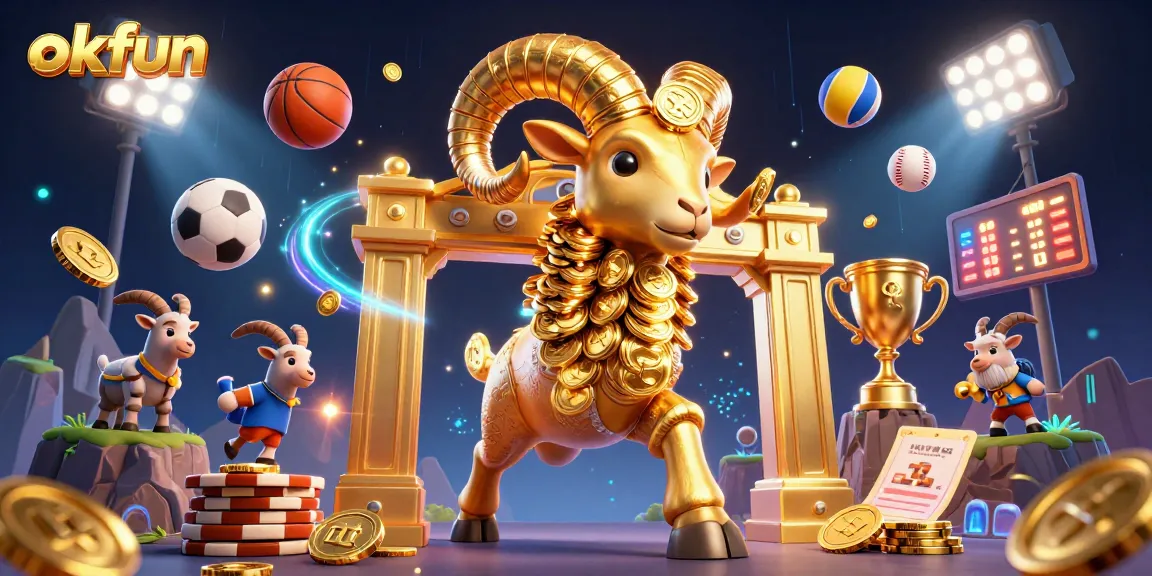 okfun showcases a massive golden ram charging towards a golden gate amidst lively sports elements and vibrant energy.