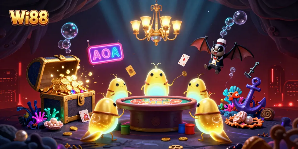 Experience the vibrant world of Wi88 with glowworms lighting a casino environment filled with treasures.