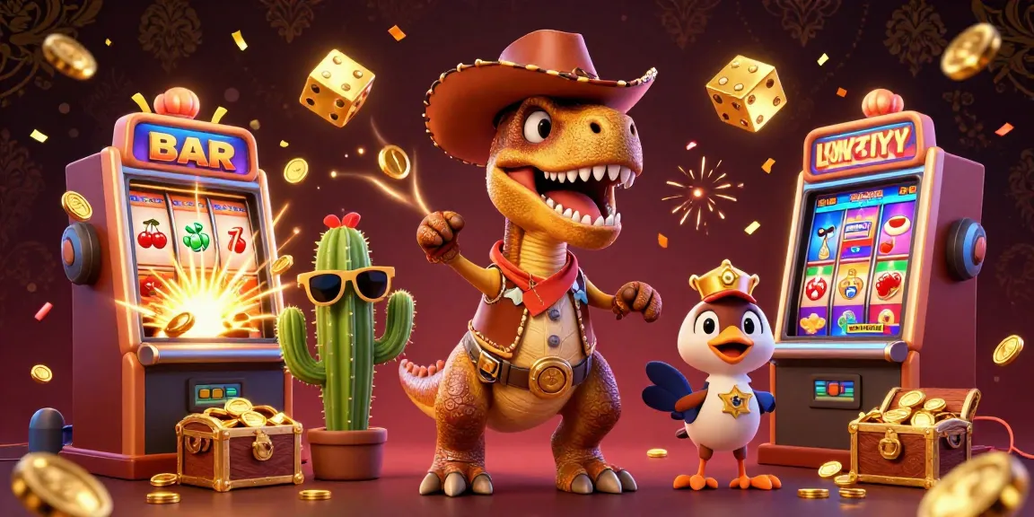 Win big with Au88 DM in this vibrant casino scene featuring a T-Rex, cactus, and roadrunner.