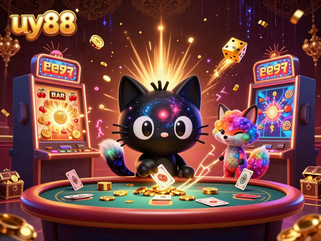 Experience the thrilling universe of uy88 with a cosmic cat at a casino table, surrounded by jackpots and excitement.