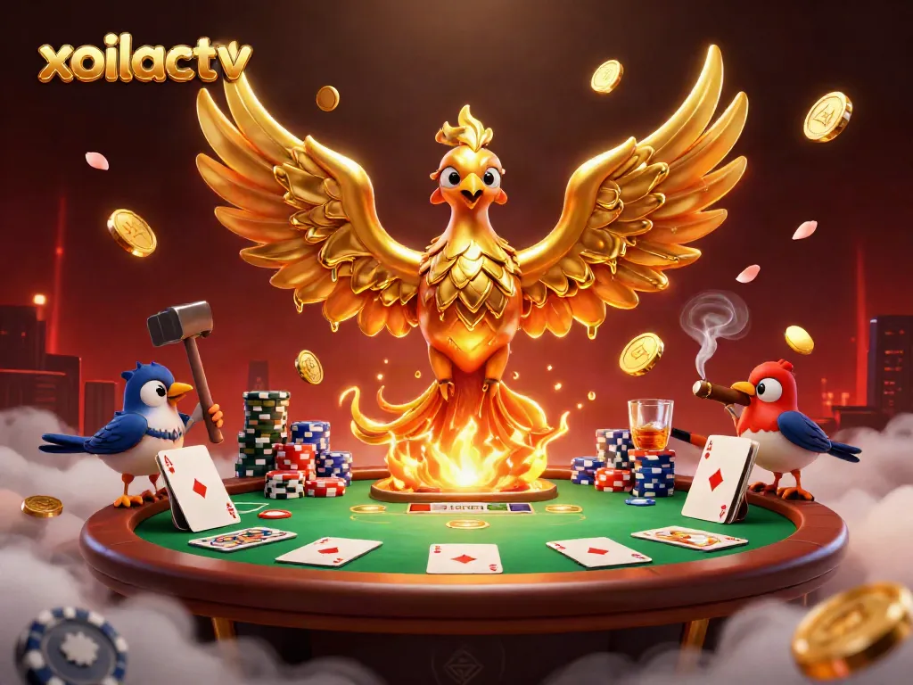 Experience the energetic world of xoilactv with rich casino elements and a golden phoenix.