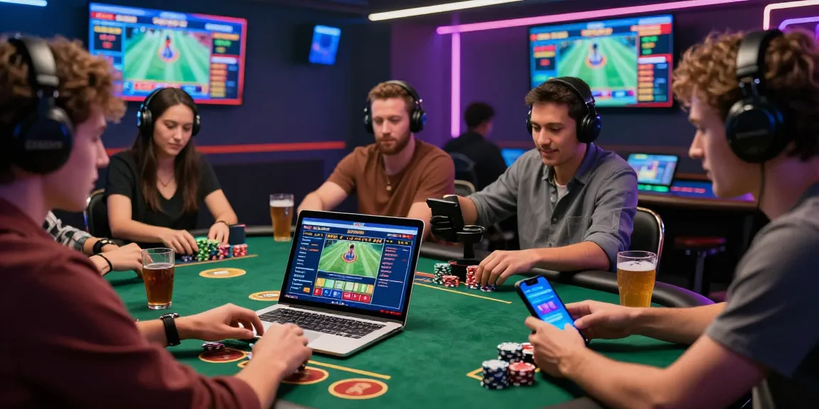 Online gambling scene with players enjoying Rr8i gaming experience on laptops and mobiles amidst colorful chips and dynamic atmosphere.