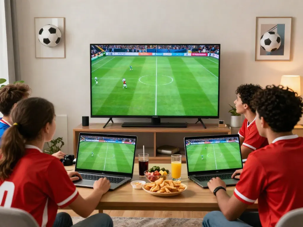 Fans enjoying a live game experience on cakhiatv.team in a cozy living room.
