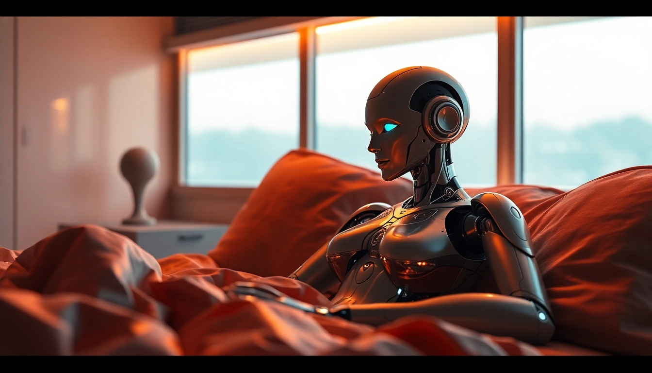 Innovative sex bot in a cozy bedroom setting, showcasing advanced design and intimacy.