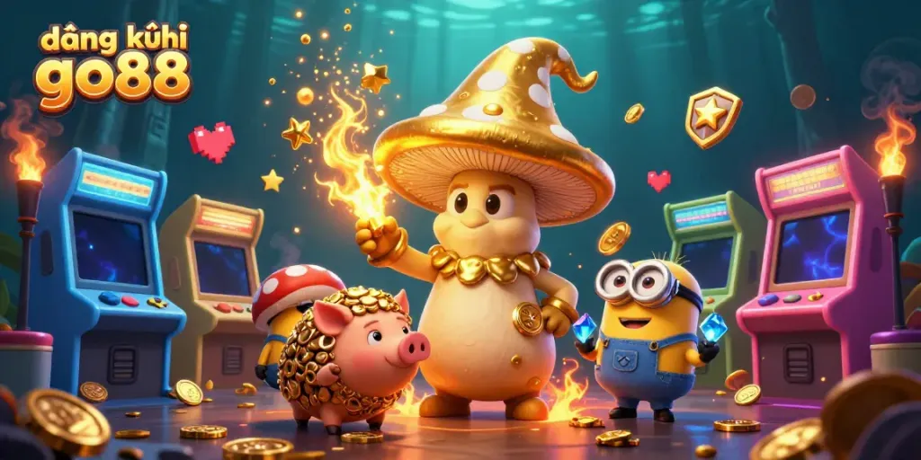 Engage with the magical world of đăng ký go88 featuring a golden wizard and treasures in a vibrant casino scene.