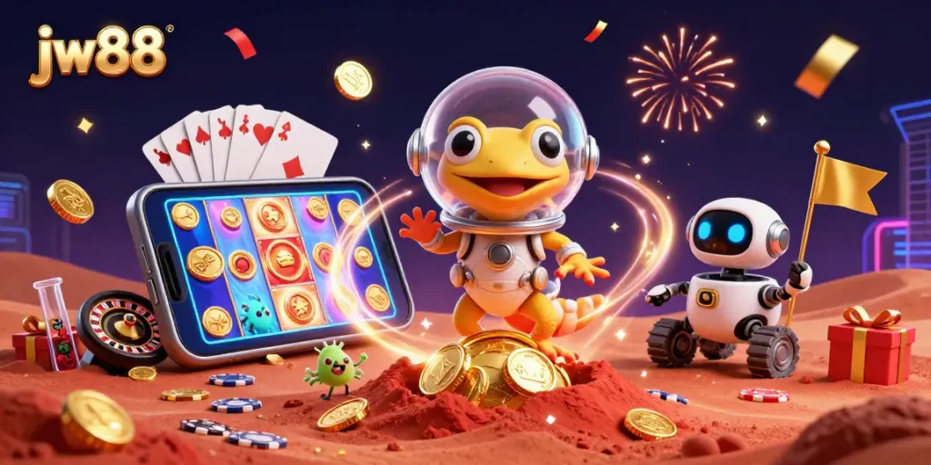 Experience the thrill of jw88 at a golden casino on Mars with vibrant slot games and cheerful aliens.