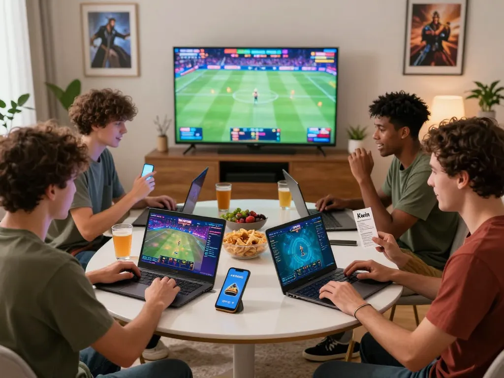Kwin online gaming scene with players enjoying diverse casino games in a vibrant home setting.