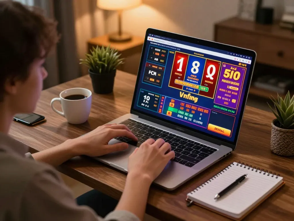 Engaged player using 9bets platform for online poker, showcasing vibrant gaming interface in a cozy home setting.