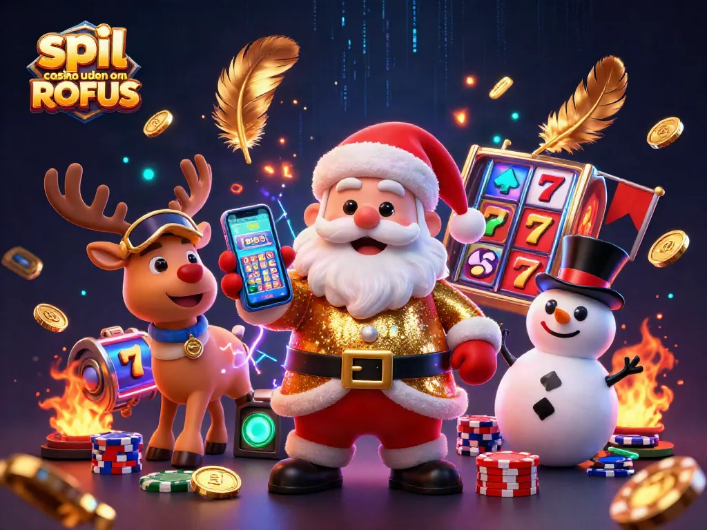 Experience the thrill of spil casino uden om ROFUS with a dazzling 3D casino illustration showcasing festive characters.