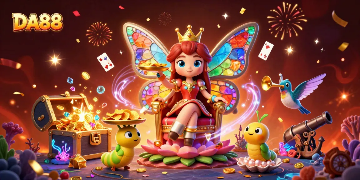 Experience the vibrant magic of DA88 with colorful casino elements and engaging characters.
