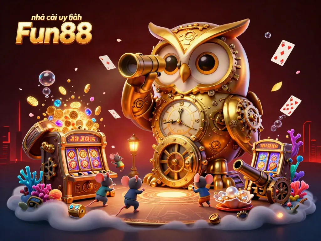 Experience the vibrant atmosphere at Nhà cái uy tín Fun88, featuring a golden owl and cheerful mouse patrons in a captivating casino scene.