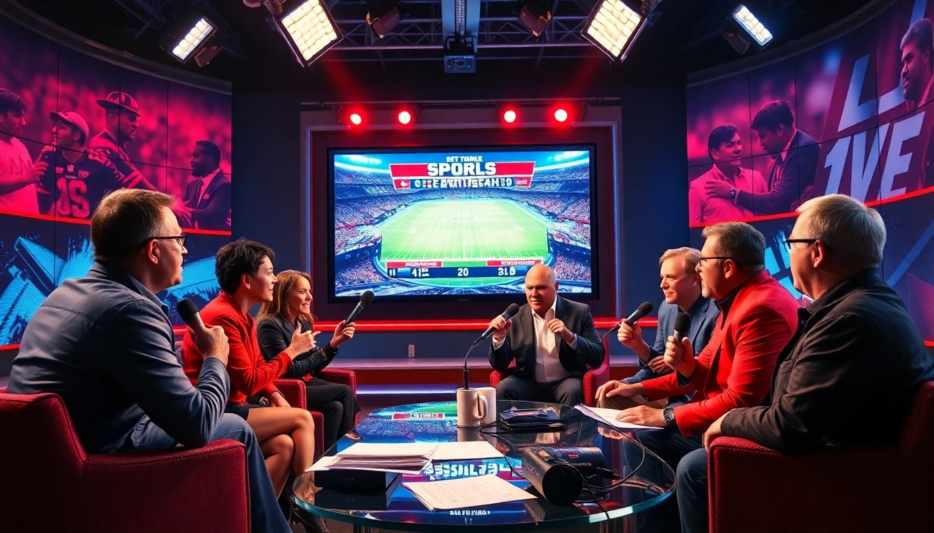 Engaging scene of sports broadcasting with analysts discussing a live football game.