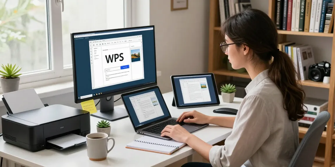 WPS Download in a modern home office setup showcasing productivity tools and vibrant workspace elements.