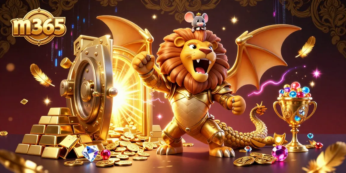 M365 players celebrate big wins with dazzling golden treasures in an energetic 3D illustration.