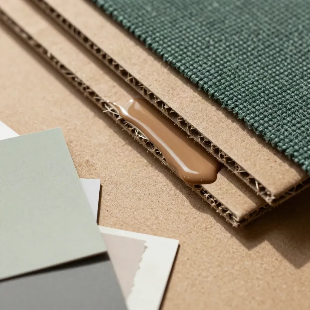 Diagonalt top-down med färgchip, kartong, textil och lackprov i varm studioair