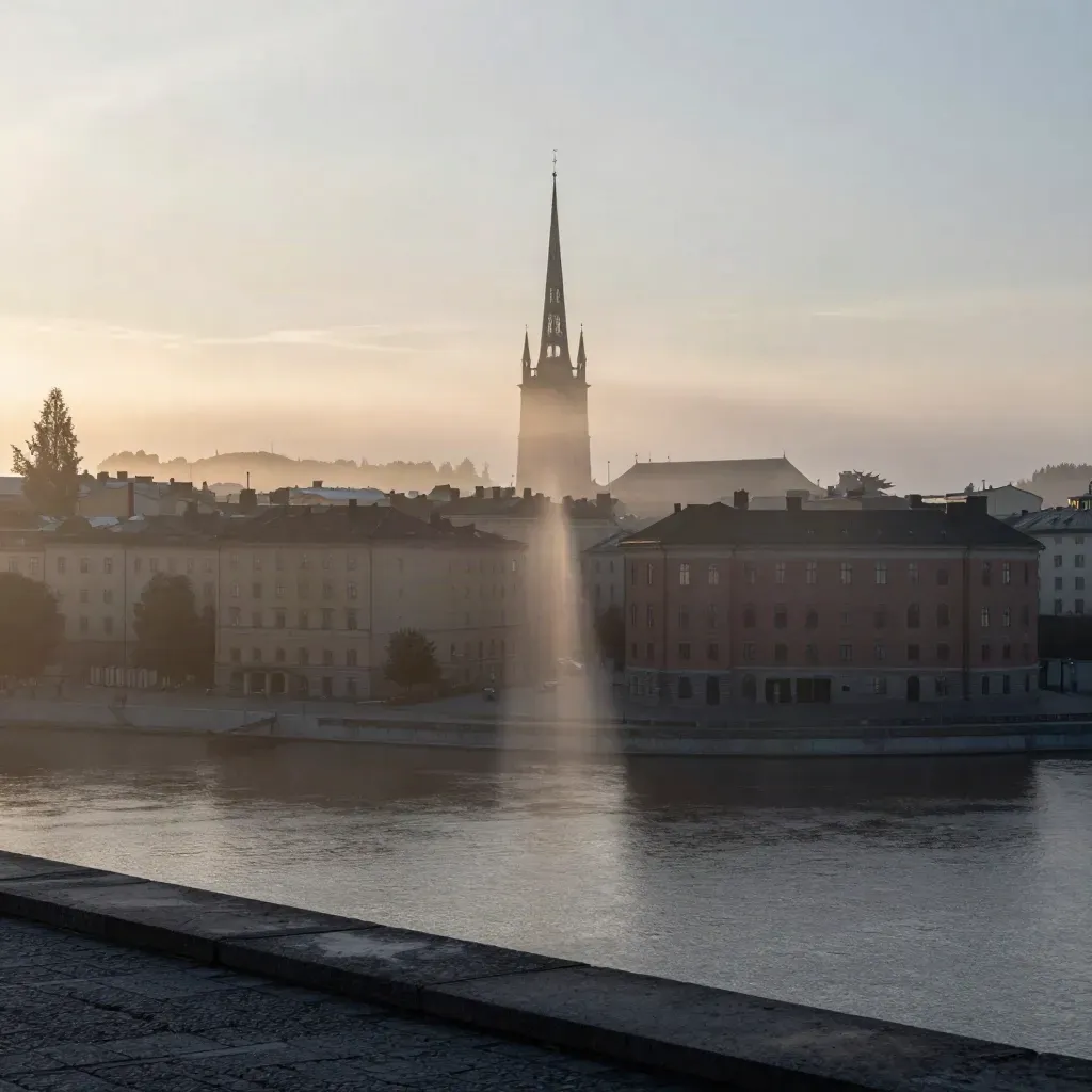 Stockholms siluett vid morgonljus, Stadshuset över dimmig vattenyta och mörk förgrund.