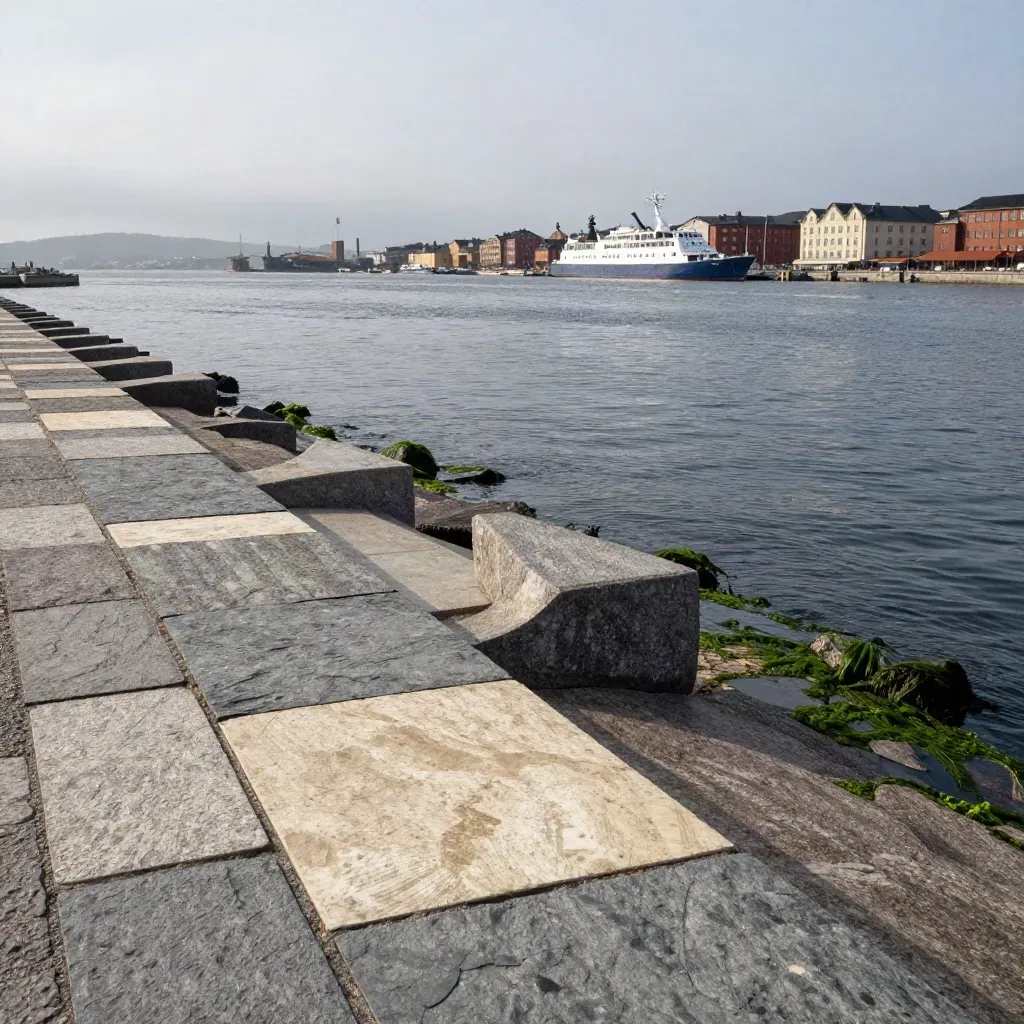 Göteborgs hamn i morgondimma med kranar, vatten och stenförgrund