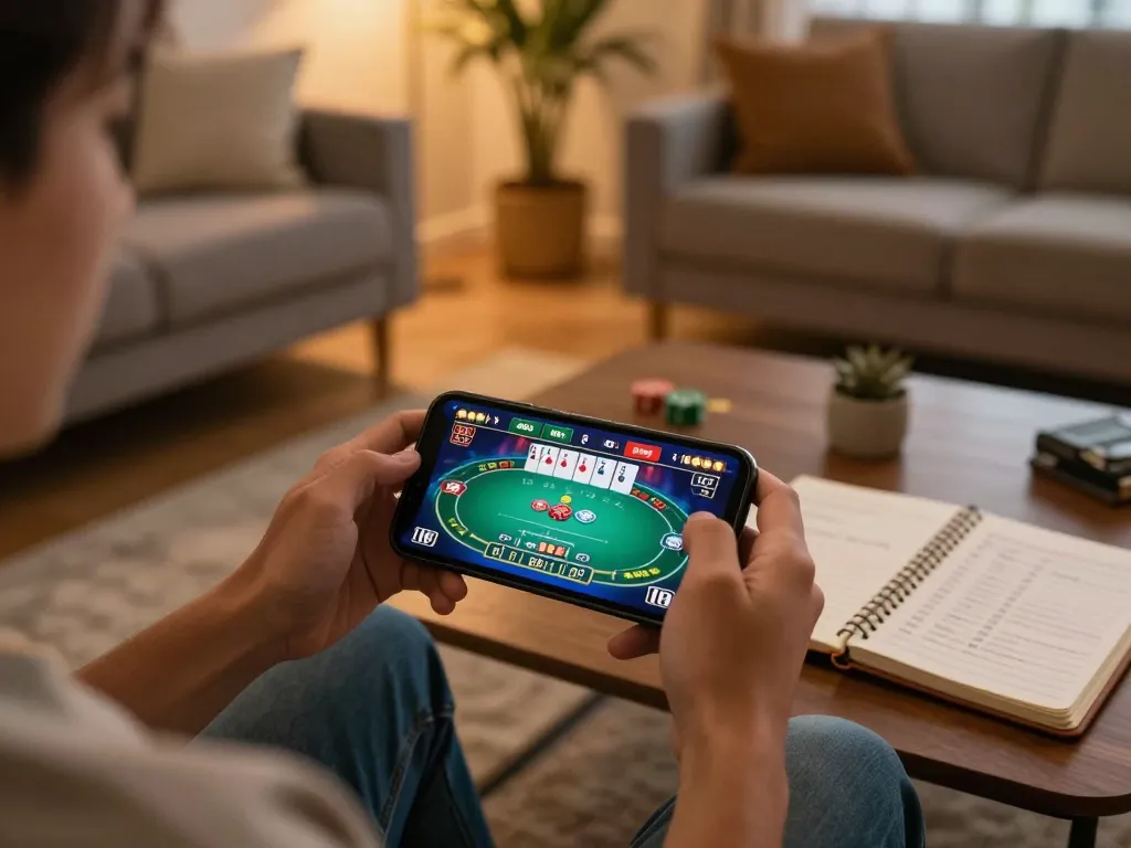 Engaging player exploring CK444 live casino gaming on smartphone from a cozy home environment.
