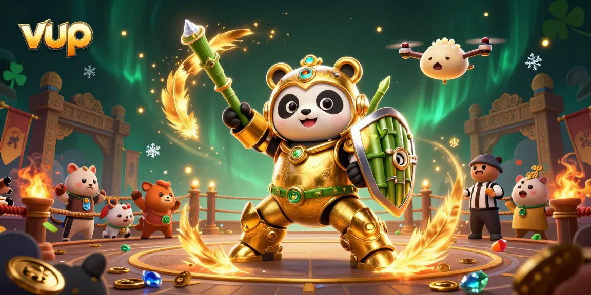 Engage in thrilling battles at vup with a golden panda in a mech suit amidst excitement!